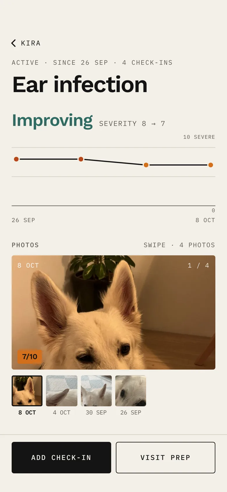 Day 13: Improving, severity 8 to 7, four check-ins.