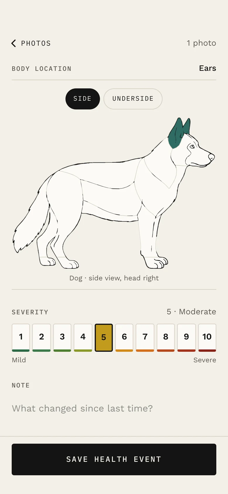 hok check-in details: a dog body map with the ears highlighted, and a severity scale from 1 to 10 with 5 selected.